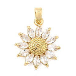 Настоящее золото 18K Латунные микропаве прозрачные подвески с фианитом, цветок, реальный 18 k позолоченный, 20x17x4 мм, отверстие : 5x2.5 мм
