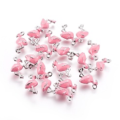 Real Platinum Plated Brass Enamel Pendants, Flamingo Shape, Nickel Free, Pink, Real Platinum Plated, 16x10.5x4.5mm, Hole: 1.4mm
