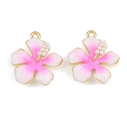 Oro Colgantes de perlas de aleación, esmalte y plástico ABS, amuletos de flor de hibisco, larga duración plateado, chapado en rack, dorado, 20x18x6.5 mm, agujero: 1.5 mm
