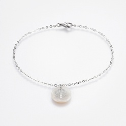 Stainless Steel Color Brass Real Platinum Plated Cable Chains Charms Anklets, with 304 Stainless Steel Findings and Freshwater Shell Pendants, Flat Round with Tree of Life, Stainless Steel Color, 9-7/8 inch(25cm), Pendant: 16x3mm