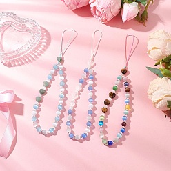 Mixed Color Heart Cat Eye Mobile Straps, with Nylon Threads &  Natural Tiger Eye & Green Aventurine & Quartz Crystal, Mixed Color, 214mm, 3pcs/set