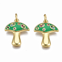 Verde Colgantes de esmalte de circonita cúbica micro pavé de latón con tema de otoño, con anillos de salto, sin níquel, seta, real 16 k chapado en oro, verde, 16.5x14x2 mm, anillo de salto: 5x0.8 mm, 3 mm de diámetro interior