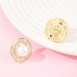 Кремово-белый Серьги-гвоздики из латуни с микропаве из прозрачного кубического циркония, с ABS имитации жемчуга, долговечный, без свинца и без кадмия, реальный 18 k позолоченный, кремово-белые, 19x19 мм