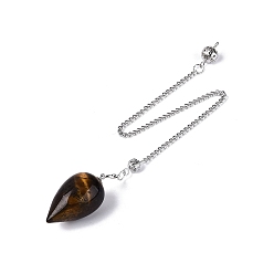 Tiger Eye Natural Tiger Eye Dowsing Pendulum Pendants, with Iron Chain, Teardrop Charms, 245~250mm, Hole: 1.8~2mm