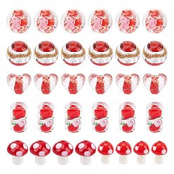 Red 38Pcs 7 Style Handmade Luminous Inner Flower Lampwork Beads, Round & Mushroom & Heart, Red, 11~17x11~12x7~12mm, Hole: 1~2mm, 38pcs/box