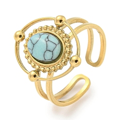 Синтетическая Бирюза Ионное покрытие (ip) 304 манжеты из нержавеющей стали с синтетической бирюзой, овальные открытые кольца с широкой полосой для женщин и мужчин, реальный 18 k позолоченный, 16x18.5 мм, внутренний диаметр: регулируемый.