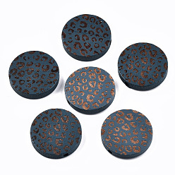 Marine Blue Painted Natural Wood Beads, Laser Engraved Pattern, Flat Round with Leopard Print, Marine Blue, 20x5mm, Hole: 1.5mm