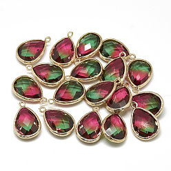 Камелия Стеклянные подвески, с фурнитурой латунной золотого тона, граненые, слеза, камелия, 23x15x7 мм, отверстие : 1.5~2 мм