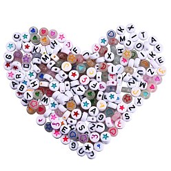Farbig 1000 Stück 5 Stil Acrylperlen, flach rund mit arabischem Alphabet & Stern & Buchstabe & Blume & Herz & Mond, Farbig, 7x3.5~4 mm, Bohrung: 1.2~1.5 mm