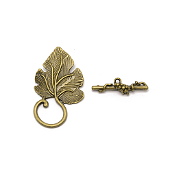 Bronze Antique Alliage de zinc fermoirs toggle, feuille, bronze antique, 7.5~36.5x23~24.5x5~5.5mm, Trou: 1.2~1.4mm