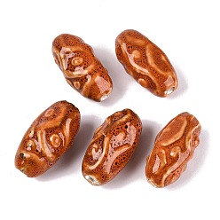 Chocolate Vintage Handmade Porcelain Beads, Fancy Antique Glazed Porcelain, Oval with Ethnic Pattern, Chocolate, 35~37x17~19mm, Hole: 3~3.5mm