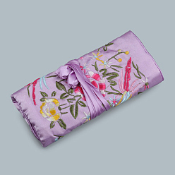Сливовый Прямоугольные шелковые пакеты на молнии в стиле ретро, сумки для хранения ювелирных изделий с вышивкой и цветами с веревкой на шнурке, слива, 20x9 см, открытый: 27x20 см