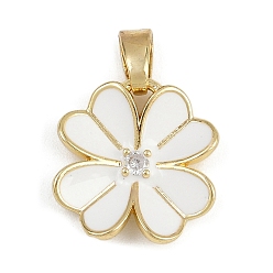 Белый Латунные микро проложить кубического циркония подвески, с эмалью, подвески в виде четырехлистного клевера, долговечный, стойки покрытие, без свинца и без кадмия, белые, 17x16x3 мм, отверстие : 5.5x3 мм