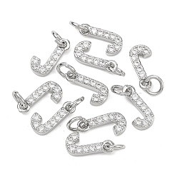 Letter J Colgantes Shegrace de latón con microengaste de circonitas cúbicas transparentes, sin níquel, 925 chapado en plata de ley, amuletos de la letra j, 12x7x2.5 mm, anillo de salto: 5x1 mm, diámetro interior: 3 mm