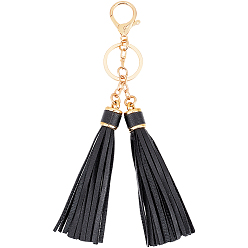 Black 1Pc PU Leather Tassel Keychains, with Alloy Findings, Light Gold, Black, 190mm