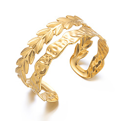 Golden 304 Stainless Steel Leaf 2-Line Open Cuff Bangles for Women, Golden, Inner Diameter: 2.36 inch(6cm)