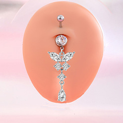 Прозрачный 316l хирургическая нержавеющая сталь кубический цирконий бабочка изогнутая штанга подвесные кольца для живота, цвет нержавеющей стали, прозрачные, 48 мм