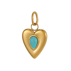 Синтетическая Бирюза 304 подвески из нержавеющей стали с синтетической бирюзой, сердце прелести, ионное покрытие (ip), реальный 18 k позолоченный, 18x13 мм