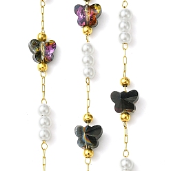 Черный 10М-ионное покрытие (IP) 304 Цепи из нержавеющей стали и АБС-пластика с жемчужными бусинами и стеклянными звеньями-бабочками, пайки, с катушкой, реальный 18 k позолоченный, чёрные, Бабочка: 6.5x7.5x5 mm, бусина : 4x3.5 mm, около 32.81 футов (10 м) / рулон