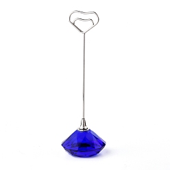 Blue Diamond Shape Glass Name Card Holder, Wedding Table Number Card Holders, with Iron Findings, Heart, Blue, 130mm
