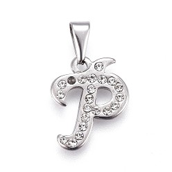 Letter P 304 Stainless Steel Pendants, with Rhinestone, Letter, Letter.P, 20.5x16x2mm, Hole: 3~3.5x7.5~8mm