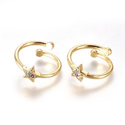 Golden Adjustable Brass Micro Pave Cubic Zirconia Finger Rings, Star, Golden, Size 6, 16mm