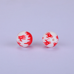 Red Printed Round with Palm Pattern Silicone Focal Beads, Red, 15x15mm, Hole: 2mm