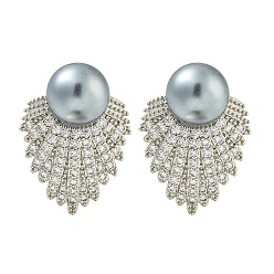 Платина Серьги-гвоздики из латуни с микропаве из прозрачного кубического циркония, с жемчугом из раковины , платина, 28x21.5 мм
