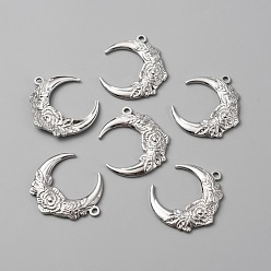 Stainless Steel Color 304 Stainless Steel Pendants, Moon with Rose, Stainless Steel Color, 30x26.5x2.7mm, Hole: 2mm