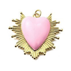 Бледно-Розовый Латунь эмаль подвески, стойки покрытие, сердце, долговечный, без свинца и без кадмия, реальный 18 k позолоченный, с целью перехода в кольце, розовый жемчуг, 29.5x33.5x6 мм, отверстие : 3 мм