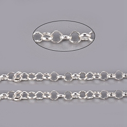 Серебро Латунные цепи Роло, отрыгивающие цепи, пайки, с катушкой, без кадмия и без свинца, серебряный цвет гальваническим, 4x1.2 мм, около 92 м / рулон