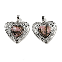 Rhodonite Natural Rhodonite Peach Love Heart Pendants, Rack Plating Brass Hollow Heart Charms, Cadmium Free & Lead Free, 29.5x30.5x7.5mm, Hole: 7.5x5mm