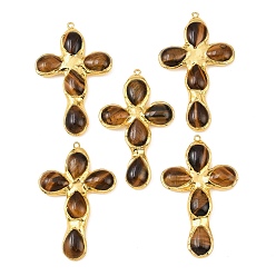 Золотой Естественно тигровый глаз большие кулоны, с латунной фурнитурой , крест прелести, золотые, 69~72x43.5~45.5x8.5~9.5 мм, отверстие : 2 мм