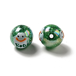 Dark Green AB Color Transparent Crackle Acrylic Round Beads, Hand Painted Beads, Halloween Ghost Beads, with Enamel, Dark Green, 19.5x20.5mm, Hole: 3mm