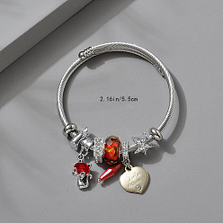 Темно-Красный Регулируемые европейские браслеты из нержавеющей стали, браслеты с подвесками для женщин, сердце и кошка, со сплавом, стразами и смолой, темно-красный, внутренний диаметр: 2-1/8 дюйм (5.5 см)