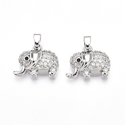 Платина Латунные микро проложить кубического циркония подвески, без кадмия и без свинца, Слон прелести, платина, 12.5x15~16x4.5~5 мм, отверстие : 2.5~3 мм
