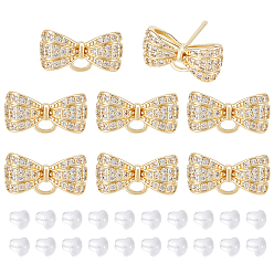 Real 14K Gold Plated 4 Pairs Rack Plating Brass Micro Pave Cubic Zirconia Bowkont Earring Findings, with Loop and 30Pcs Plastic Ear Nuts, Cadmium Free & Lead Free, Long-Lasting Plated, Real 14K Gold Plated, 8x15x5mm, Hole: 1.7mm, Pin: 0.8mm