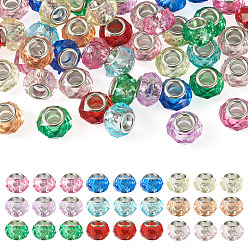 Mixed Color 50Pcs Transparent Acrylic European Beads, Large Hole Beads, with Brass Cores, Rondelle, Faceted, Platinum, Mixed Color, 13.5~14x8.5~9.5mm, Hole: 5.5mm
