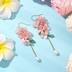 Лосось Оболочки жемчужные болтаться серьги, с колпачками из ацетата целлюлозы (смолы) и латунными крючками для сережек, цветок, золотые, salmon, 72~72.5 мм