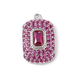 Hot Pink Rack Plating Brass Micro Pave Cubic Zirconia Pendants, Rectangle Charm, Cadmium Free & Lead Free, Long-Lasting Plated, Platinum, Hot Pink, 17x10x4mm, Hole: 1mm