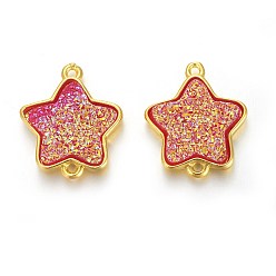 Medium Violet Red Brass Links connectors, with Druzy Resin, Golden Plated Color, Star, Medium Violet Red, 17.5x15x3.7mm, Hole: 1mm