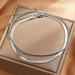 Нержавеющая Сталь Цвет 304 браслеты на ногу из двухслойной плоской цепочки-змейки и цепочки-коробки из нержавеющей стали для женщин, цвет нержавеющей стали, 9-1/4~9-1/2 дюйм (235~240 мм), 2 шт / комплект