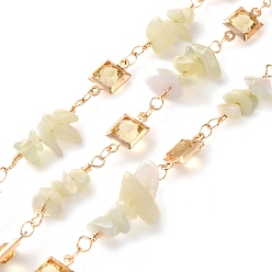 Новый Нефрит Квадратные звенья латунных стеклянных цепей ручной работы, с натуральным новым нефритовым чипом для изготовления ожерелий и браслетов, долговечный, пайки, с катушкой, золотые, ссылка: 12~18x3~9x2.5~9 mm, около 16.40 футов (5 м) / рулон