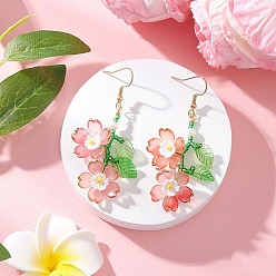 Оранжевый Акриловые серьги-подвески в виде цветка, с колпачками из искусственного жемчуга из смолы, со стеклянными бусинами и 304 крючками для сережек из нержавеющей стали, золотые, оранжевые, 62.5 мм