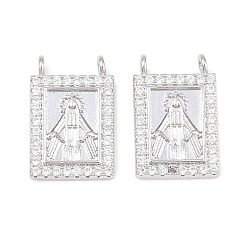 Platino Real Plateado Colgantes religiosos de latón con micropavé de circonitas cúbicas transparentes, rectángulo con colgantes de virgen maría, Platino verdadero plateado, 15.5x10.5x2.5 mm, agujero: 1.2 mm