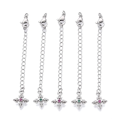 Platinum Brass Curb Chain Extender, End Chains with Lobster Claw Clasps and Cross Cubic Zirconia Charms, Platinum, 74mm, Hole: 2.4mm