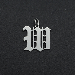 Letter W Не тускнеющие 304 подвески из нержавеющей стали, с целью перехода в кольце, старый английский, буквы, лазерная резка, цвет нержавеющей стали, буква.w, 16x16x1 мм, отверстие : 3 мм