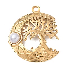 Golden 304 Stainless Steel Pendants, with Plastic Pearl Bead, Crescent Moon & Tree of Life Charms, Golden, 44.5x36x5.5mm, Hole: 3.5mm