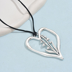 Античное Серебро Рождение цветок сердце кулон цинковый сплав черный искусственная замша шнур ожерелья для женщин, античное серебро, 31.50~33.46 дюйм (80~85 см)