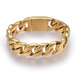 Golden Ion Plating(IP) 304 Stainless Steel Curb Chains Bracelets, with Box Clasps, Golden, 9-1/2 inch(24cm), 17x6mm